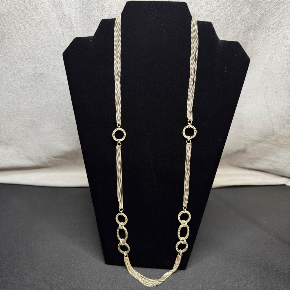 Multi-Strand Chain Necklace Women OS Silver Textured Link Layered - Picture 1 of 11